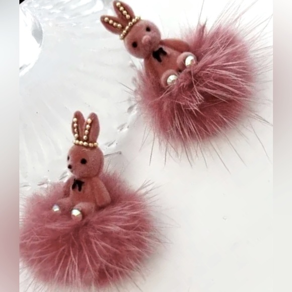 Dark Salmon Flock, Faux Fur & Crystal Bunny Rabbit Stud Dangle Earrings - Picture 2 of 3